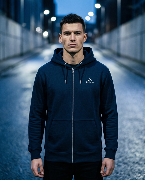 Elevin Organic Zipper Navy Blue - Lifestyle Frontansicht